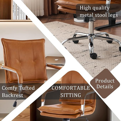 Mid-Back Ergonomic Leather Office Chair, Modern Upholstered Executive Desk Chair with Gold Frame Armrest Computer Task Chair (Camel &Silver Legs)