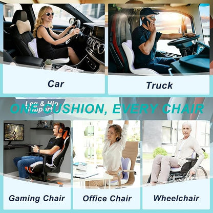 Seat Cushion for Office Chair and Car, Lumbar Support Pillow for Office Chair, Memory Foam Ergonomic Seat Cushion for Long Sitting, Back & Tailbone Pain, Sciatica - Purple & Gray