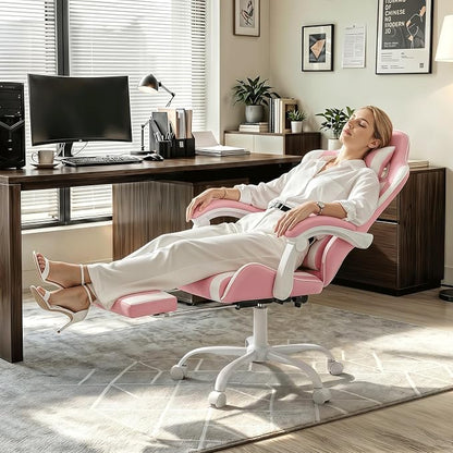 Gaming Chair, Ergonomic Computer Chairs with Arms, Lumbar Support, Footrest, Headrest 360°Swivel Chair, Adjustable Back and Height, Leather PC Chairs for Gaming, Study, Office, Pink