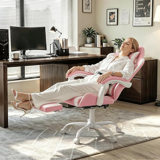 Gaming Chair, Ergonomic Computer Chairs with Arms, Lumbar Support, Footrest, Headrest 360°Swivel Chair, Adjustable Back and Height, Leather PC Chairs for Gaming, Study, Office, Pink