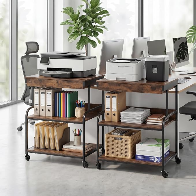 3 Tier Printer Stand with Drawer – Rolling Printer Cart on Wheels for Home Office, Adjustable Shelf & Heavy Duty Steel Frame, Large Printer Table for Scanner Fax Copier,23.6''x18.9''