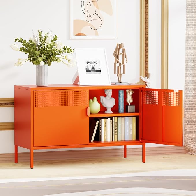 Chshin Metal Storage Cabinet with Doors,Orange Accent Cabinet,Metal Locker Storage Cabinets,2 Door TV Media Stand with Removable Shelves for,Home,Office,Entryway,Living Room