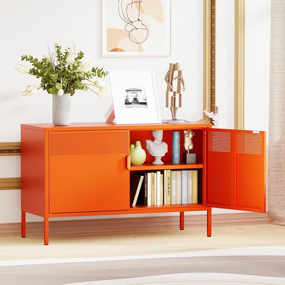 Chshin Metal Storage Cabinet with Doors,Orange Accent Cabinet,Metal Locker Storage Cabinets,2 Door TV Media Stand with Removable Shelves for,Home,Office,Entryway,Living Room