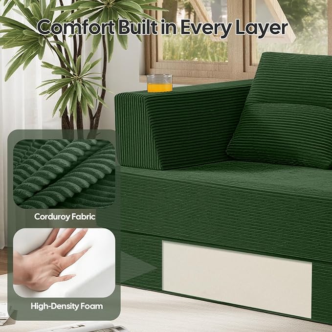 COMAX Futon Sofa Bed Queen, 79" Convertible Sofa Bed Couches for Living Room, 4 in 1 Folding Boneless Sleeper Corduroy Couch Loveseat Foam In a Box, Comfy Foldable Lounge Fold Out Floor Mattress Green