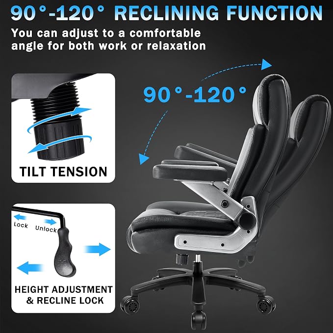 Big and Tall Office Chair 600lbs with 5D Flip Arms, Heavy Duty Executive Office Chairs, Ergonomic Desk Chair with Adjustable Lumbar Support & Rubber Wheels, PU Leather, Black