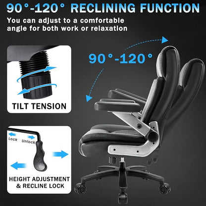 Big and Tall Office Chair 600lbs with 5D Flip Arms, Heavy Duty Executive Office Chairs, Ergonomic Desk Chair with Adjustable Lumbar Support & Rubber Wheels, PU Leather, Black