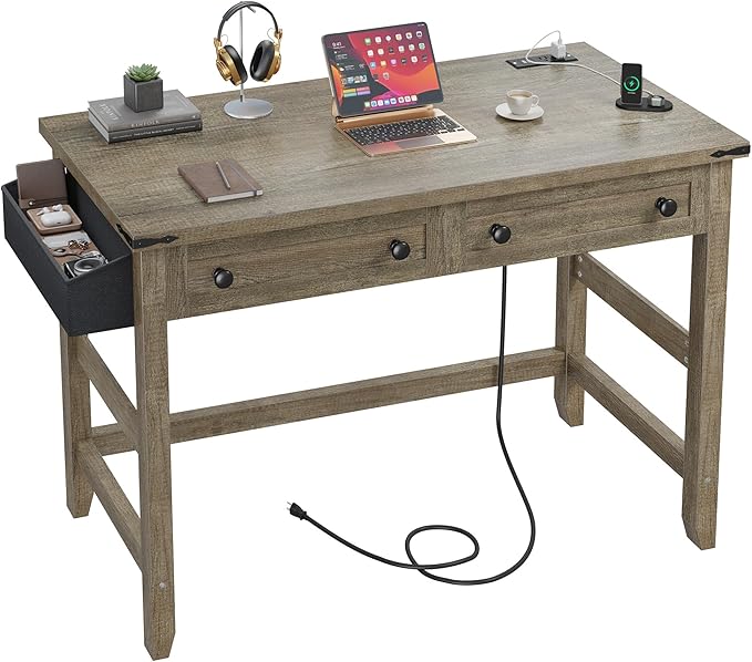 EnHomee 40" Small Desk with Power Outlets, Computer Desk with 2 Drawers for Bedroom and Home Office, Writing Desk with a Side Pocket, Vanity Desks for Bedroom, Dark Rustic Oak