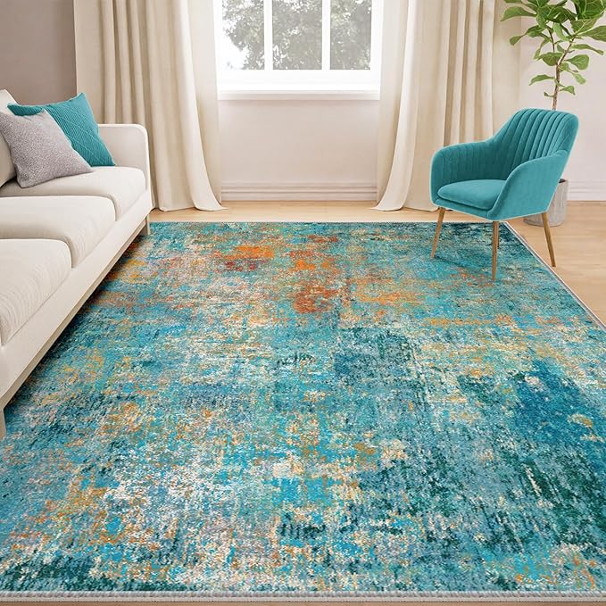 RELEANY Washable Area Rugs 6'x8' Non-Slip Modern Abstract Soft for Living Room Entryway Bedroom Kitchen, Print Pattern, Teal Blue Green Orange Rust Red Colorful