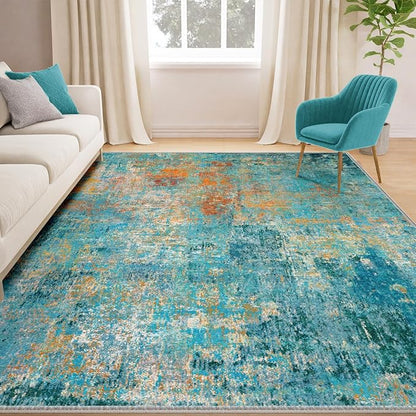 RELEANY Washable Area Rugs 5'x8' Non-Slip Modern Abstract Soft for Living Room Entryway Bedroom Kitchen, Print Pattern, Teal Blue Green Orange Rust Red Colorful
