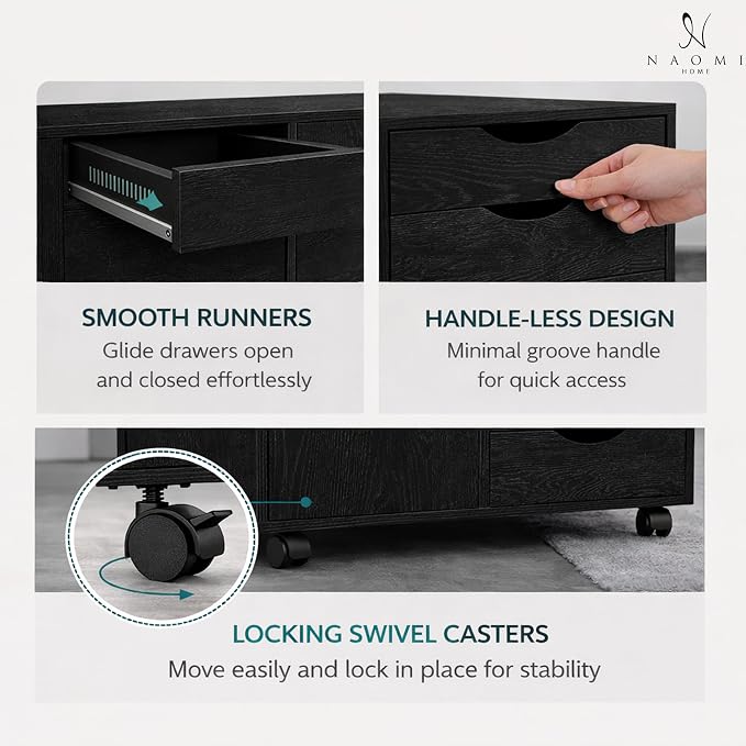 Naomi Home Under Desk Rolling Office File Cabinet with 5 Drawers & Side Storage Cabinet, Mobile Organizer with Shelves & Swivel Casters for Home Office - Distressed Black