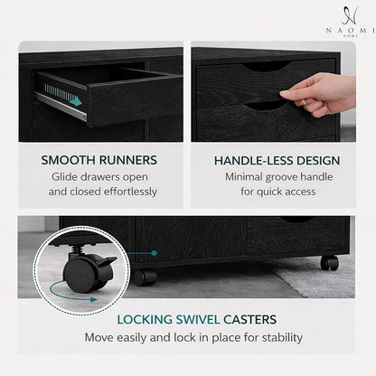 Naomi Home Under Desk Rolling Office File Cabinet with 5 Drawers & Side Storage Cabinet, Mobile Organizer with Shelves & Swivel Casters for Home Office - Distressed Black