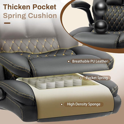 Massage Office Chair, 500LBS Ergonomic Rocking Executive Desk Chairs with 4 Points Vibration&Heat,Padded Flip-up Armrests for Big and Tall Office Chair,Swivel Computer Chair Thicken, PU Black