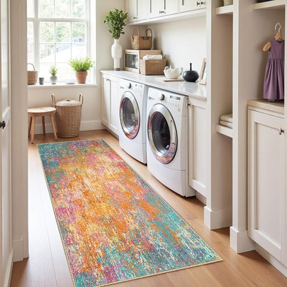 RELEANY Washable Area Rugs 2'x10' Non-Slip Modern Abstract Soft for Living Room Entryway Bedroom Kitchen, Print Pattern, Orange Blue Pink Yellow Colorful