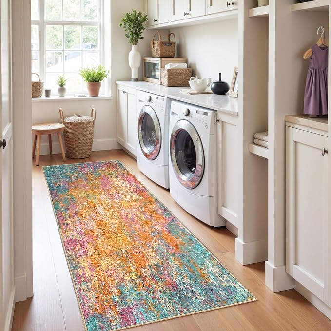RELEANY Washable Area Rugs 2'x6' Non-Slip Modern Abstract Soft for Living Room Entryway Bedroom Kitchen, Print Pattern, Orange Blue Pink Yellow Colorful