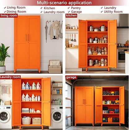 Metal Storage Cabinet with Lock,Orange Steel Tool Cabinet with 3 Adjustable Shelves,61 Tall Freestanding Heavy Duty Garage Locker for Home Office Kitchen 61" H X 27.6" W X 13.8" D