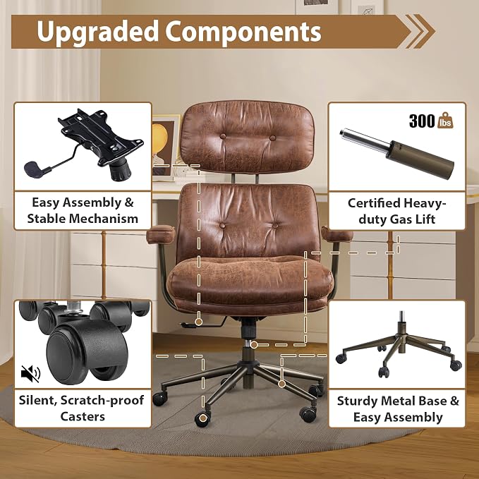 Home Office Chair,Ergonomic Computer Chair with Lumbar Support Adjustable Height,Mid-Century Modern Office Chair with Rolling Swivel Chair for Home Office Game Study(Suede Leather Chair,Dark Brown)