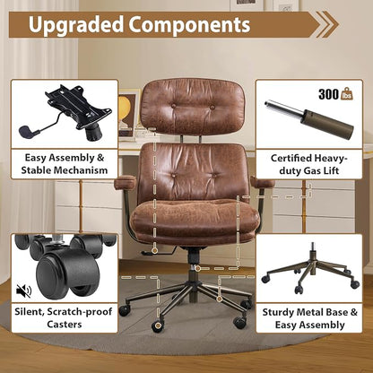 Home Office Chair,Ergonomic Computer Chair with Lumbar Support Adjustable Height,Mid-Century Modern Office Chair with Rolling Swivel Chair for Home Office Game Study(Suede Leather Chair,Dark Brown)