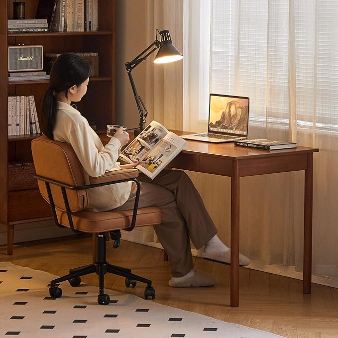 100% Solid Wood Desk, Home Office Writing Desk, Mid Century Modern Computer Desk with Drawers for Study Living Room 55" W