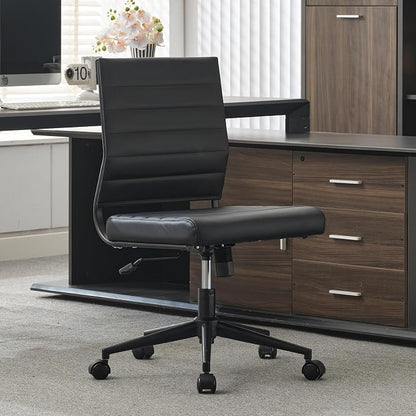 Okeysen Office Desk Chair No Arms, Mid Back Ergonomic Swivel Black Armless Conference Room Chairs, Adjustable Height PU Leather Home Desk Chair, Modern Small Rolling Computer Task Chair