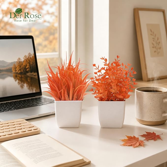 Der Rose 2 Pack Fake Plants Maple Red Artificial Plants for Fall Decor | Autumn faux plants for bathroom kitchen home office desk decor and fall displays, no maintenance needed