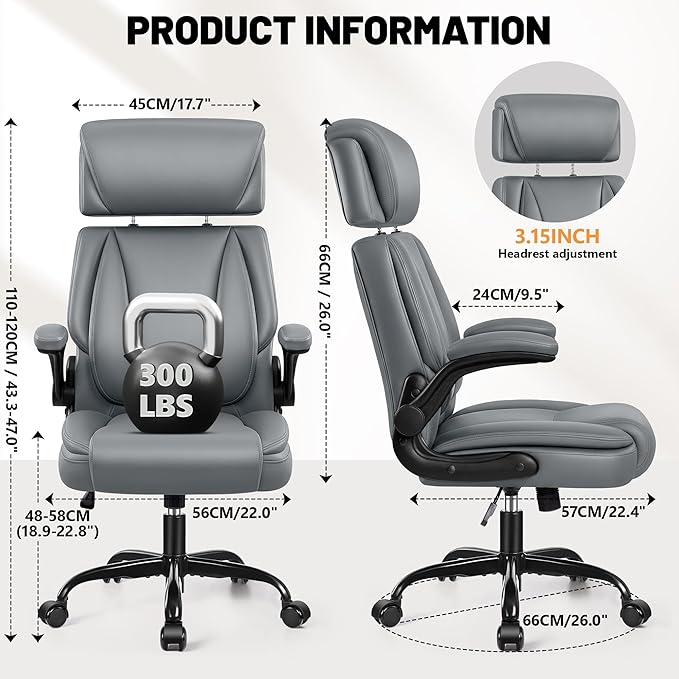 BestGlory Ergonomic Office Chair, PU Leather Executive Desk Chair with Adjustable Headrest, Flip-Up Arms and Lumbar Support, High Back Computer Chair for Home Office, Remote Work, Gaming, Grey