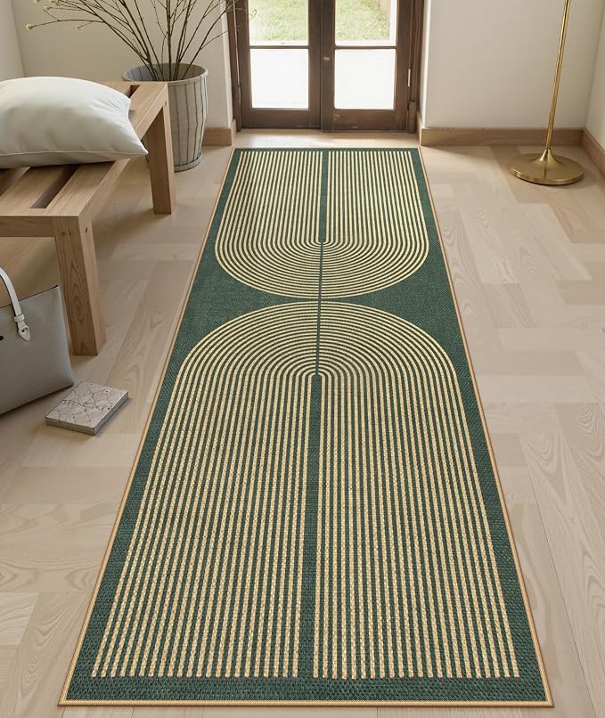 Lahome Enfys Modern Rainbow Easy Jute Kitchen Runner, 2x8 Indoor Outdoor Runner Rug for Hallway Entryway, Farmhouse Dark Green Non Slip Floor Carpet for Bedroom Foyer Laundry Room