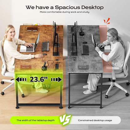 DurayLoly 63 x 24 inch Large Computer Desk, 24mm Thick Desktop with Power Outlets, RGB LED, Office Desk with Detachable Stand, 150LBS Heavy Duty, Spacious Desk for Multi-Tasking Workers, Brown