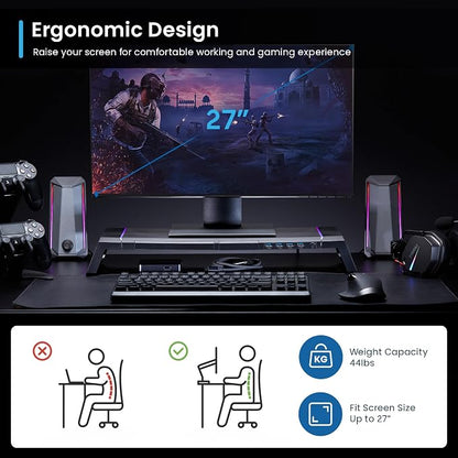Ewent RGB Monitor Stand, Adjustable Screen Stand, Foldable with Storage Drawer, Smartphone and Tablet Holder + 4 USB 3.2Gen1 Ports, Monitor Riser for PC/Laptop/iMac, Black