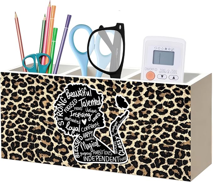 Inspirational Black Girl Woman Leopard Print Makeup Brush Toothbrush Holder for African American Women, Black Girl Magic Cheetah Print Wood Signs Pen Pencil Holder Organizer Desk Accessories