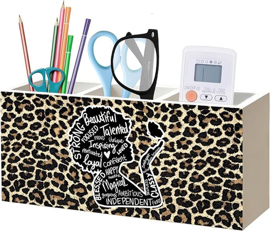 Inspirational Black Girl Woman Leopard Print Makeup Brush Toothbrush Holder for African American Women, Black Girl Magic Cheetah Print Wood Signs Pen Pencil Holder Organizer Desk Accessories