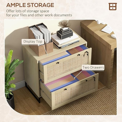 Vinsetto 2 Rattan Drawer File Cabinet with Lock, Lateral Filing Cabinet with Adjustable Hanging Bar for Letter, A4 and Legal Size Files, Printer Stand for Home Office, Natural