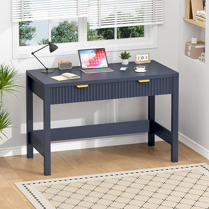 YOMILUVE Fluted Computer Desk with 2 Drawers, 39 Inch Small Computer Desk with Storage, Compact Writing Study Desk for Small Spaces, Blue