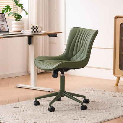 YOUTASTE Green Armless Office Chair, Modern Adjustable Swivel Desk Chair with Wheels, Upholstered PU Leather, Green Metal Legs, Back Support for Home Office, Study, Vanity, Bedroom