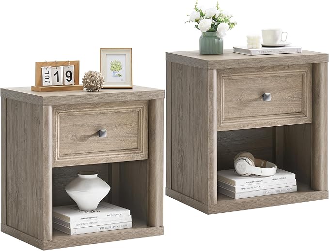 Standifurno Farmhouse Night Stand Set of 2, Grey Nightstands with Drawer Storage, Wood Large Side Tables End Table, 22.6" Wide Bedside Tables Night Stands for Bedroom Room Sofa Couch Office