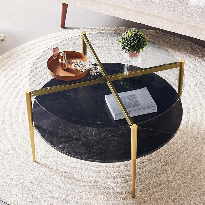 LumFurn Round Coffee Table for Living Room, Mid-Century Modern Design, D30 x H17, 2-Tier Structure, Grey Glass Top and Black Marble Finish Wood Shelf, Sleek Conical Metal Legs with Gold Finish Frame