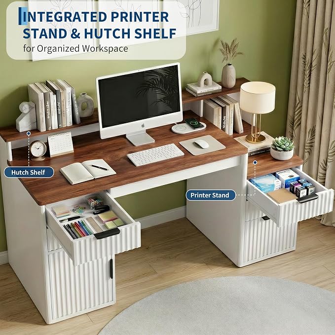 IDEALHOUSE Rectangular Computer Desk with Hutch & Printer Stand, Ripple Door Storage Home Office Desk, Space-Saving Study Writing Desk for Bedroom, Sturdy Board Student Desk with Easy Assembly