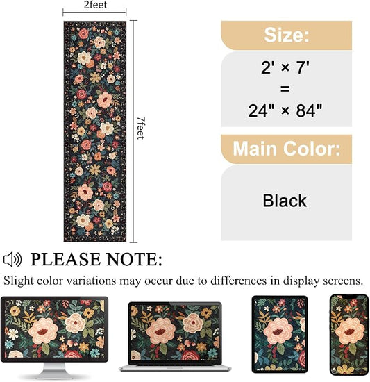 DUKINO Runner Rug, 2x7 Boho Kitchen Rug for Hallways with Low Pile Design, Washable Non Slip Backing Soft Floral Runner for Kitchen, Hallway, Entryway, Bedroom, Laundry, Black