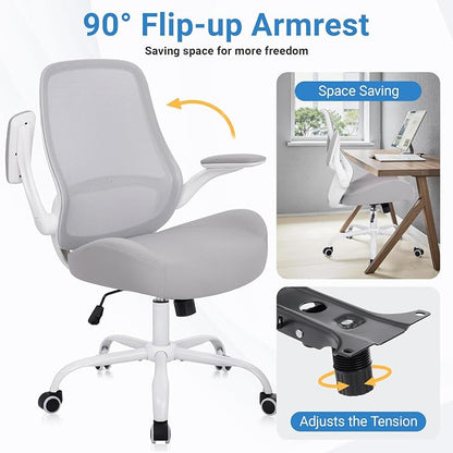 HYLONE Office Chair Ergonomic Desk Chair with Flip up Armrests, 5" Thickened Seat Computer Chair with Mesh Back Home Office Computer Chairs for Long Hours Mesh Executive Chair(White Base & Grey)