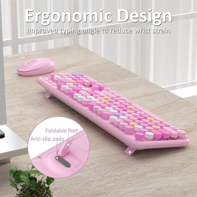 Links9+ Wireless Keyboard and Mouse, Full-Size Retro Typewriter Keyboard with Round Keycaps, 2.4GHz for Windows, Mac, Laptop, PC, Desktop (Pink Colorful)