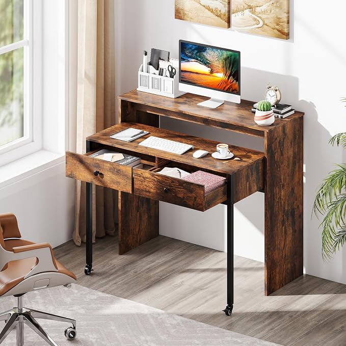Giantex Small Computer Desk with Hutch & Drawers, Extendable Writing Desk w/Pull Out Secondary Table, Monitor Stand & Rolling Wheels, Console Table, Compact Desk for Small Spaces (Rustic Brown)
