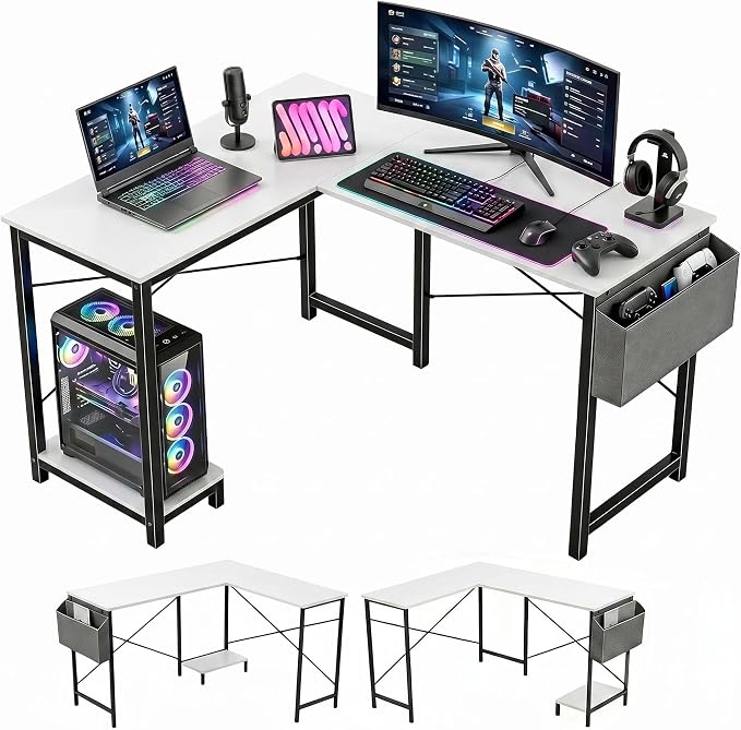 L-Shaped Home Office Computer Desk, Gaming Desk with CPU Stand Shelf and Hanging Storage Pocket, Corner Student Study Writing Table, Sturdy Metal Frame, 43.3" D x 50" W, Classic White