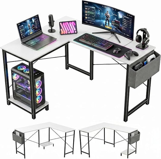 L-Shaped Home Office Computer Desk, Gaming Desk with CPU Stand Shelf and Hanging Storage Pocket, Corner Student Study Writing Table, Sturdy Metal Frame, 43.3" D x 50" W, Classic White