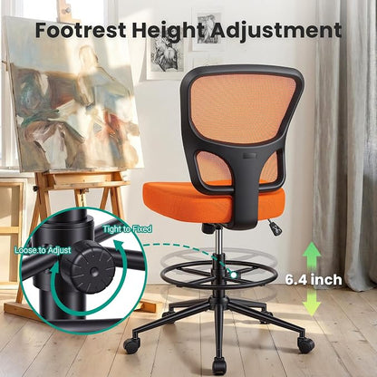 Armless Drafting Chair Tall Office Chair for Standing Desk - Adjustable Height Mesh Ergonomic Drafting Stool with Foot Ring & Wheels, Rolling Counter Height Computer Chair for Home Office