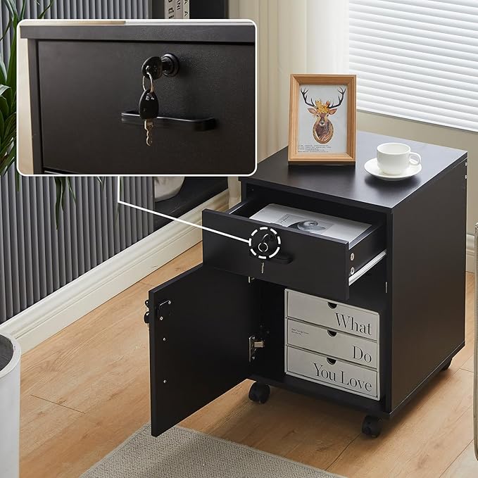 OFCASA 2 Drawer File Cabinet with Lock, Small Rolling Filing Cabinets for Home Office, Wood Under Desk File Cabinet with Wheels, Mobile Storage Organizer, Printer Stand for Letter/Legal, Black