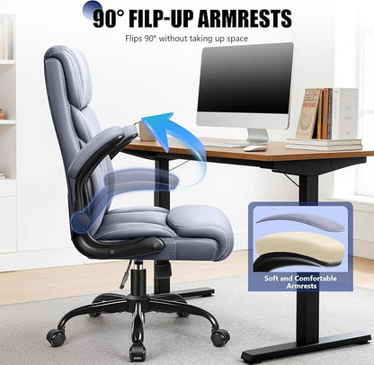 Primy Office Chair, Ergonomic Leather Desk Chair with Flip-up Armrests, Big and Tall High Back Executive Computer & Gaming Chair with Footrest, Comfy Padded, Rocking Function and Lumbar Support(Gray)