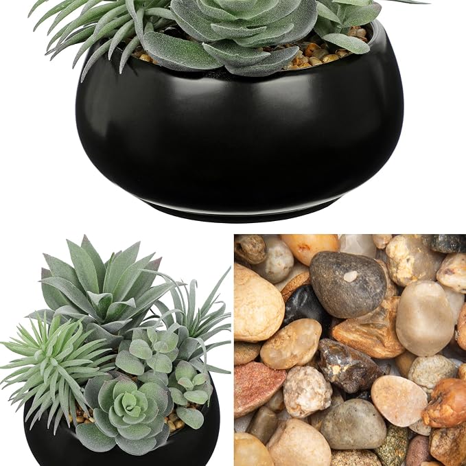 Hollyone Artificial Succulents in Pots Fake Plants Faux Succulent Flowers Arrangement Potted Plant in Vase Black Ceramic Planter Bowl Office Desk Bathroom Shelf Indoor Outdoor Home Decor(Sage Green)