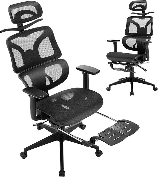 VECELO Swivel Ergonomic High Back Mesh Office Chair with Retractable Footrest, Adjustable Backrest, Tilt Function, 3D Armrests & Headrest, Lumbar Support for Executive/Computer Desk/Task Work, Black