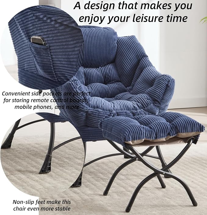 Modern Lazy Chair with Ergonomic Ottoman, Comfortable Lounge Chair with Footrest for Space Saving, Comfy Reading Armchair for Living Room, Bedroom, Office, Navy