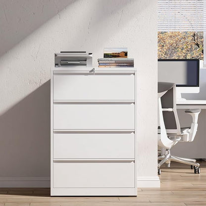 4 Drawer File Cabinet with Lock, White Metal Lateral Filing Cabinets for Home Office, Heavy Duty Steel Horizontal Locking Storage Cabinet for Legal/Letter/A4 Size File, Assembly Required