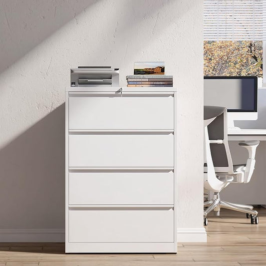 4 Drawer File Cabinet with Lock, White Metal Lateral Filing Cabinets for Home Office, Heavy Duty Steel Horizontal Locking Storage Cabinet for Legal/Letter/A4 Size File, Assembly Required